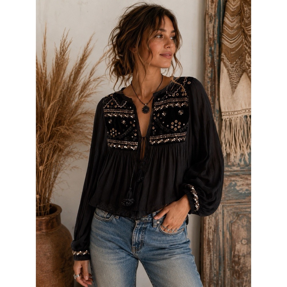 Zara Black Embellished Tie-Front Peasant Blouse